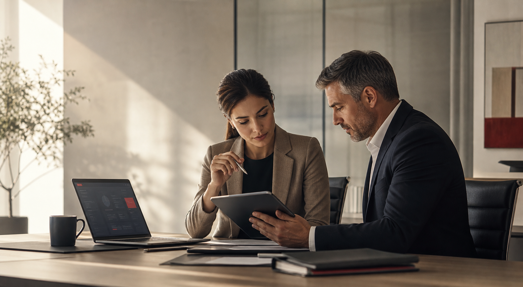 Professionals reviewing work with a secure technology interface
